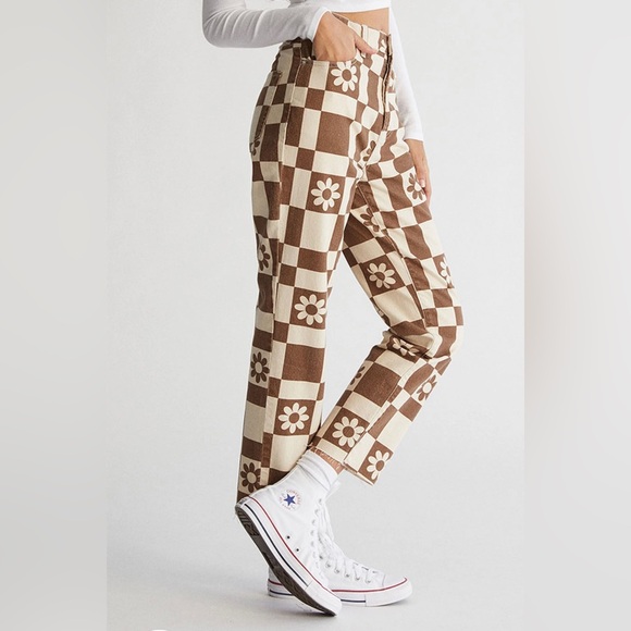 PACSUN NWT Eco Flower Checkerboard High Waisted Straight Leg Jeans-Sz 27 - Picture 2 of 12